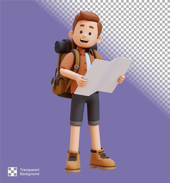 El mapa del personaje viajero en 3D de pie y sosteniendo