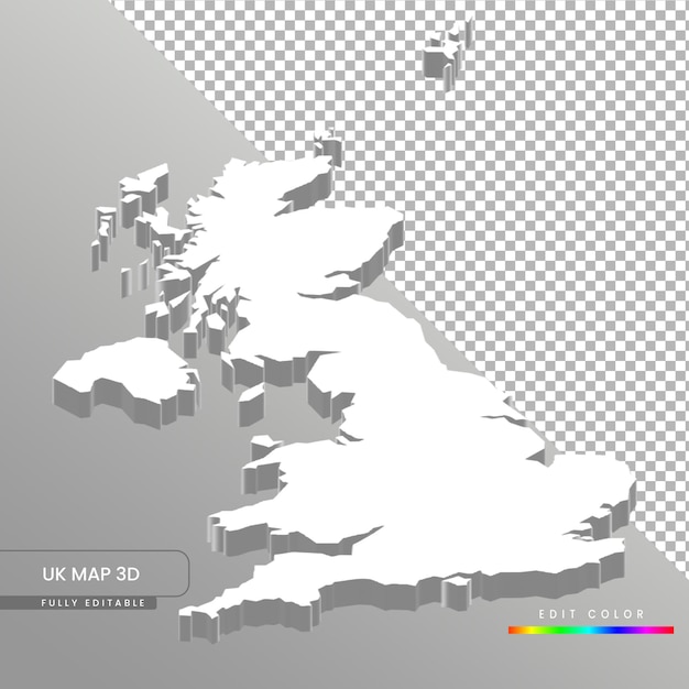 PSD mapa de reino unido blanco isométrico 3d totalmente editable en fondo blanco aislado.