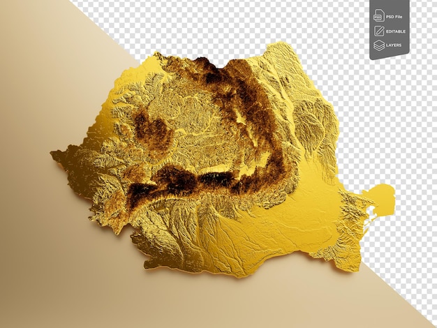PSD mapa de rumania color de metal dorado mapa de altura en fondo beige ilustración en 3d