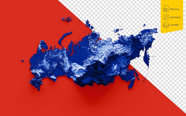 PSD mapa de rusia con los colores de la bandera azul y blanco en sombra mapa de relieve sobre fondo rojo ilustración en 3d