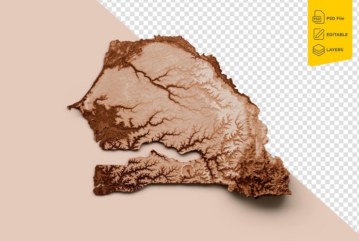 PSD mapa de senegal gráficos marrones de estilo antiguo en un estilo retro ilustración 3d vintage muy detallada