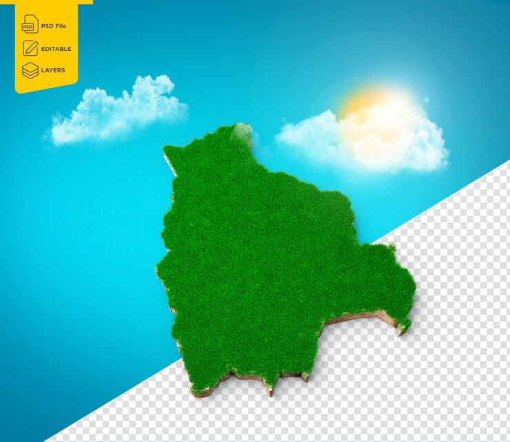 PSD mapa del suelo de bolivia geología de la tierra sección transversal hierba verde y rocas textura del suelo ilustración 3d