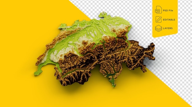 PSD mapa de suiza relieve sombreado color altura mapa en fondo amarillo ilustración 3d