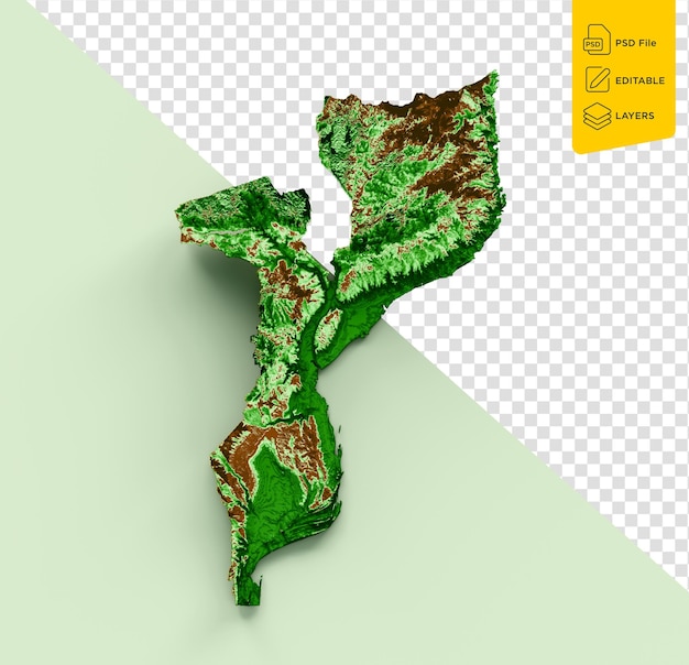 PSD mapa topográfico 3d de moçambique mapa realista em cores com fundo verde pastel ilustração 3d
