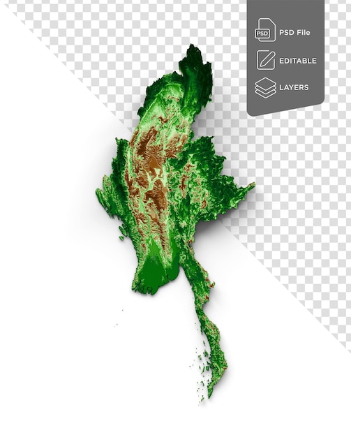 PSD mapa topográfico de birmania en 3d mapa realista en color sobre fondo blanco ilustración en 3d