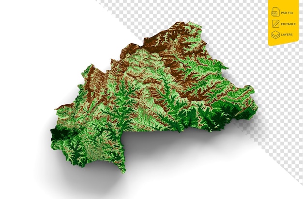 PSD mapa topográfico de burkina faso en 3d mapa realista en color sobre fondo blanco ilustración en 3d