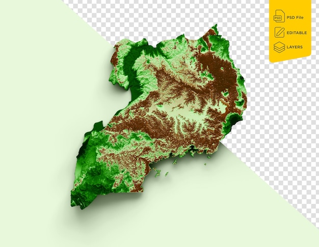 PSD mapa topográfico de uganda 3d mapa realista em cor com fundo verde pastel ilustração 3d