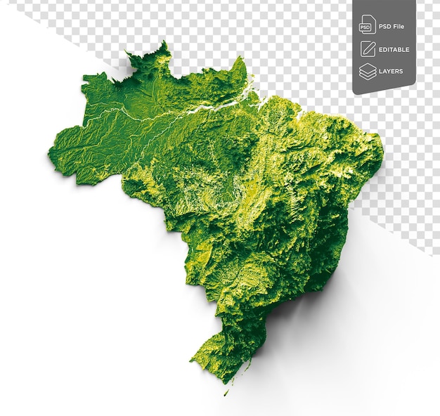Mapa topográfico do brasil 3d mapa realista em cor em fundo branco ilustração 3d