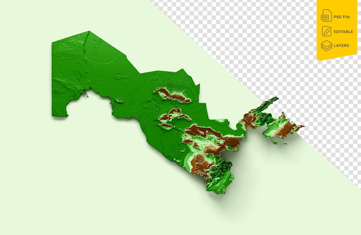 PSD mapa topográfico do uzbequistão 3d mapa realista de cor em fundo verde pastel ilustração 3d