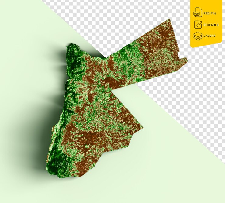 PSD mapa topográfico de jordania mapa realista en 3d ilustración en 3d en color