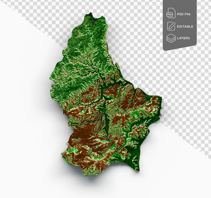 PSD mapa topográfico de luxemburgo en 3d mapa realista en color sobre fondo blanco ilustración en 3d