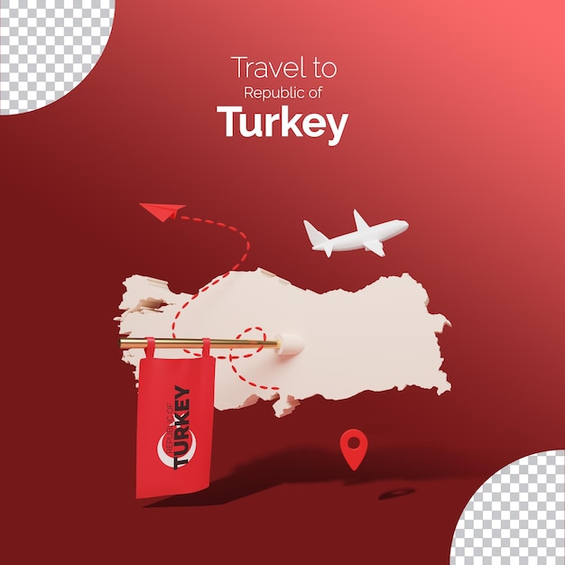 PSD mapa de turquía con bandera y concepto de viaje sobre fondo rojo