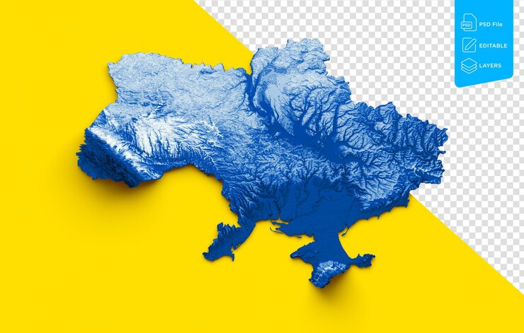 PSD mapa de ucrania con los colores de la bandera azul y blanco en sombra mapa de relieve sobre fondo amarillo ilustración en 3d