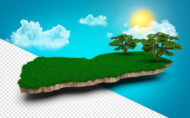 PSD mapa de yemen mapa 3d realista de yemen nubes árbol rayos de sol en el cielo azul brillante ilustración 3d