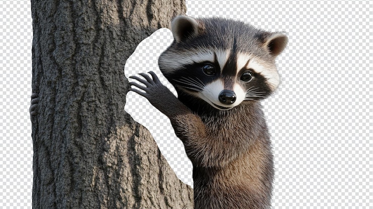 PSD un mapache lúdico trepando a un árbol con una expresión encantadora perfecto para proyectos temáticos de naturaleza y vida silvestre