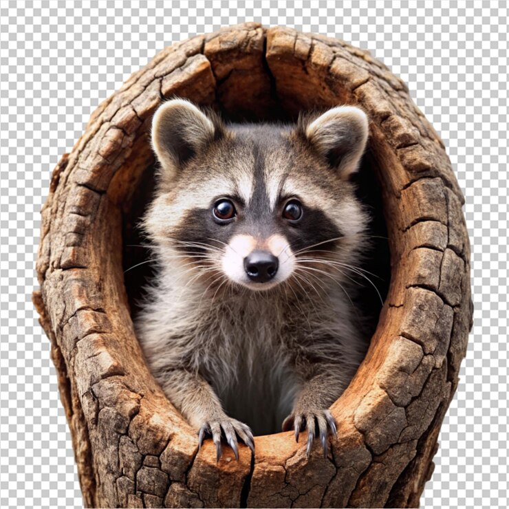 PSD mapaches en un agujero de árbol sobre un fondo transparente