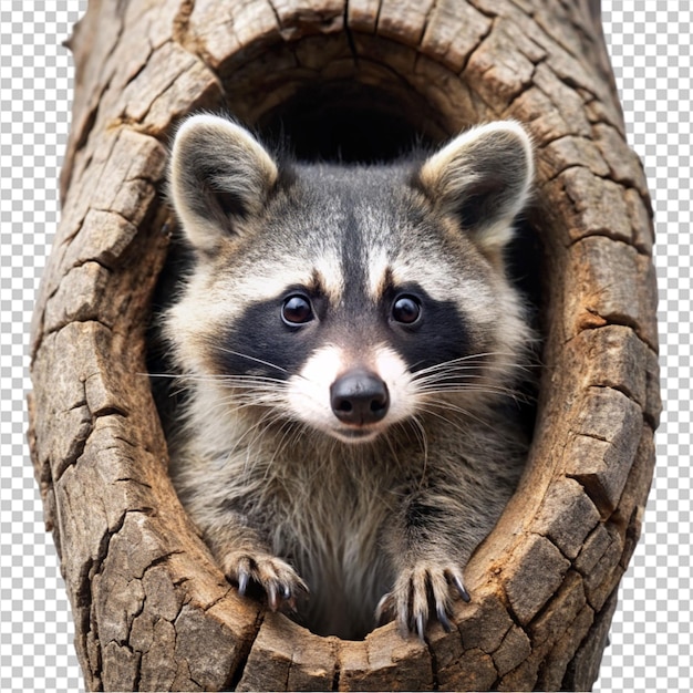 mapaches en un agujero de árbol sobre un fondo transparente