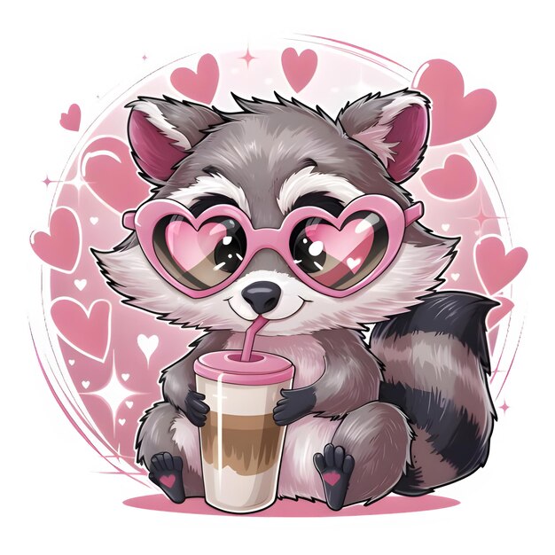 PSD un mapaches bebiendo un café un dibujo animado lindo png