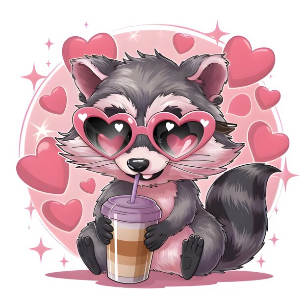 PSD un mapaches bebiendo un café un dibujo animado lindo png