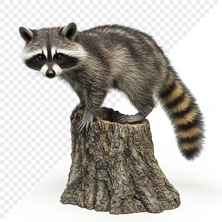 PSD un mapaches de pie en un tronco
