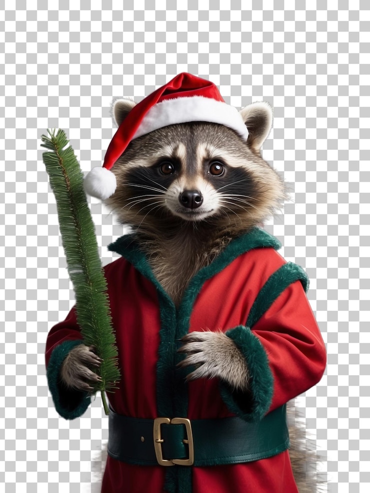 PSD un mapaches con un sombrero de santa sostiene un palo