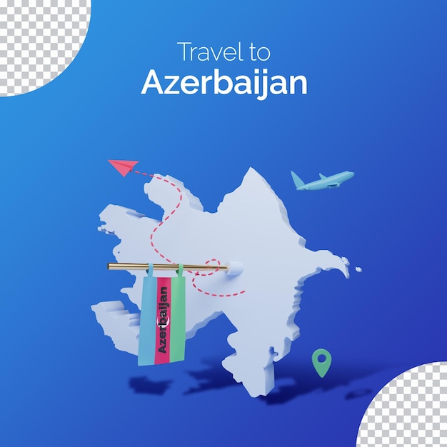 Mappa 3d dell'Azerbaigian con la bandiera nazionale per il post di viaggio