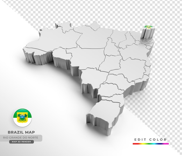 Mappa del Brasile con bandiera dello stato del Rio Grande do Norte in rendering isometrico 3d