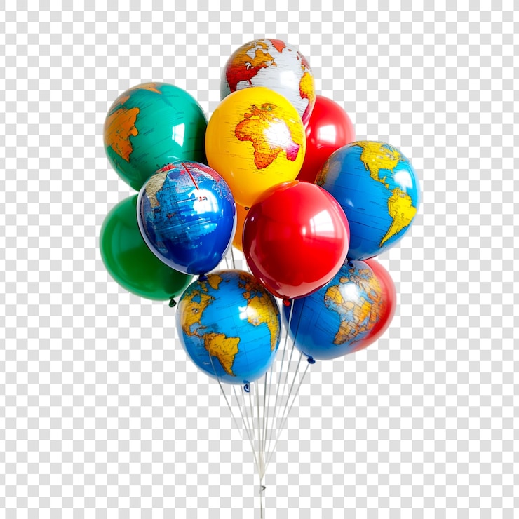 PSD mappa del mondo colorata palloncini viaggio di gruppo festivo tema decorazione della festa