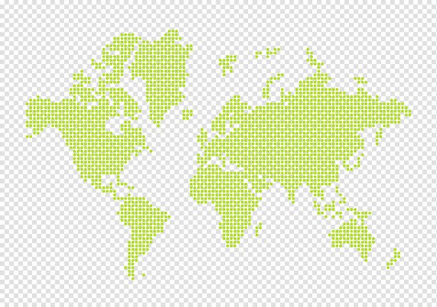 Mappa del mondo fatta di punti verdi isolati su sfondo trasparente