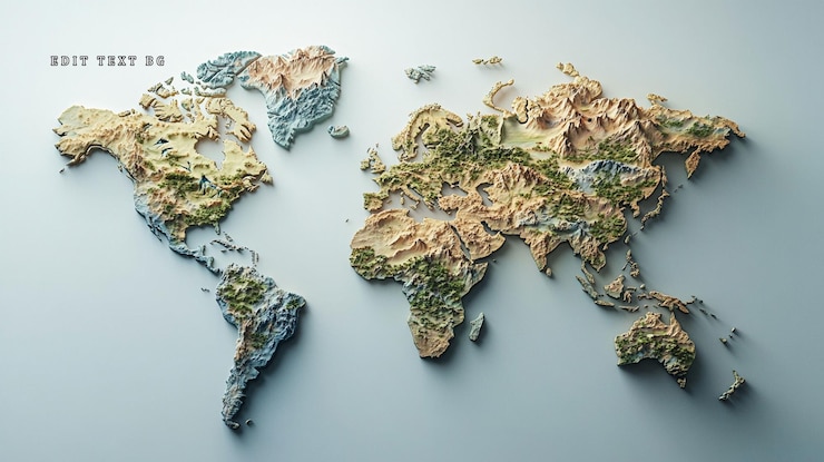 PSD mappa del mondo topografica 3d con montagne e continenti dettagliati