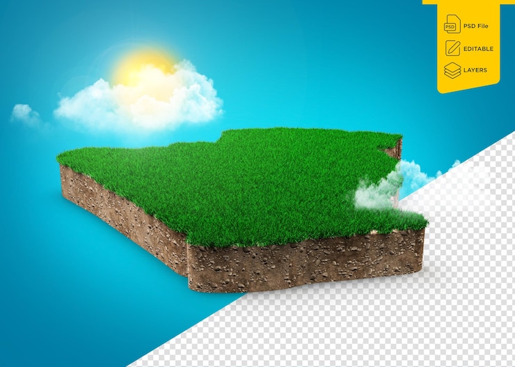 PSD mappa del suolo geologia del suolo sezione trasversale grass verde e roccia texture del suolo algeria illustrazione 3d