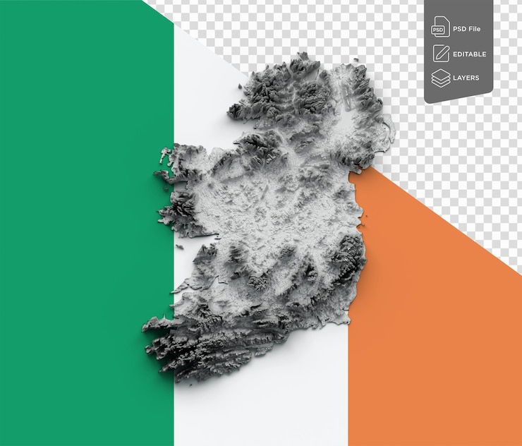 PSD mappa dell'irlanda grigio e bianco rilievo ombreggiato colore altezza mappa della bandiera dell'irlanda sfondio illustrazione 3d