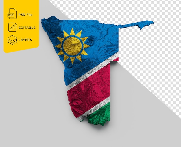 Mappa della Namibia con bandiera in rilievo ombreggiato, mappa dell'altezza a colori su sfondo bianco, illustrazione 3d