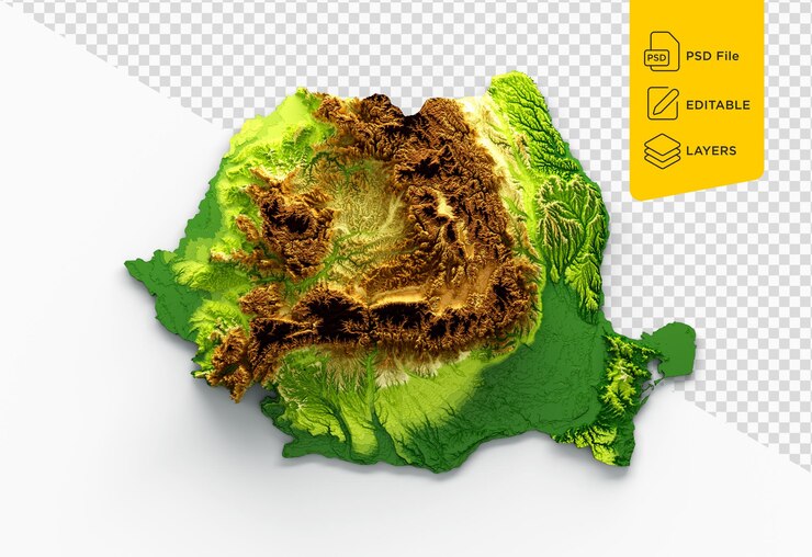PSD mappa della romania mappa di altezza a colori in rilievo ombreggiato su sfondo bianco illustrazione 3d