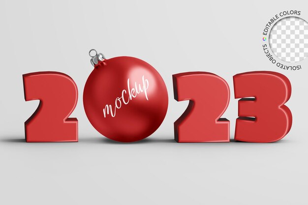 Maqueta de 2023 Texto en 3d con bola de Navidad Concepto de saludo de Año Nuevo aislado