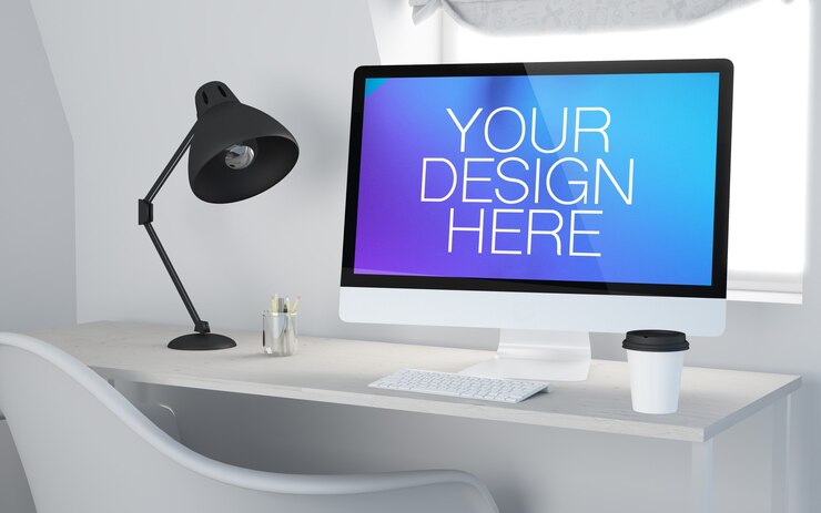 Maqueta 3d de computadora en la mesa de trabajo de la oficina
