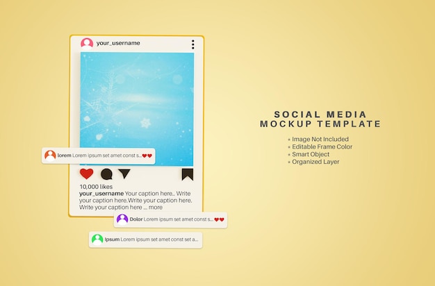 PSD maqueta 3d de publicación de redes sociales de aplicaciones de instagram con cuadro de comentarios