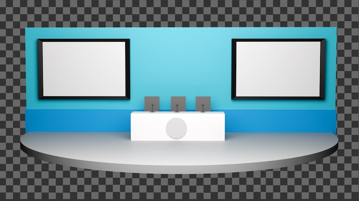 PSD maqueta 3d de la sala de conferencias de prensa con escenario y pantalla de televisión