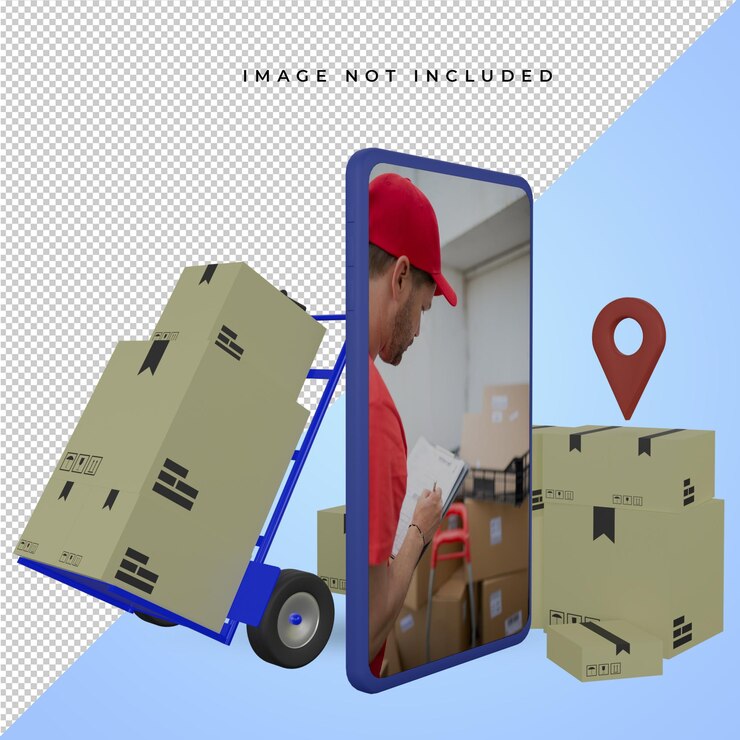 PSD maqueta 3d, teléfono móvil, camión de mano y caja, concepto de compras en línea