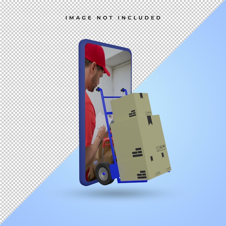 PSD maqueta 3d, teléfono móvil, camión de mano y caja, concepto de compras en línea
