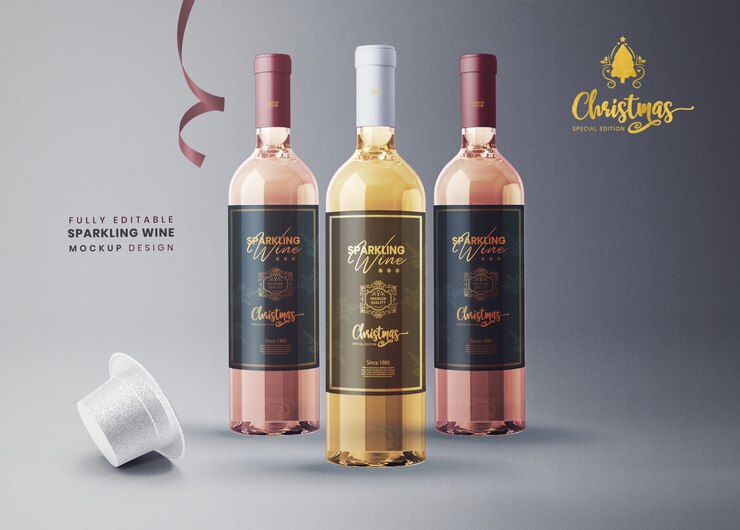 Maqueta 3d de vino espumoso o champán para año nuevo