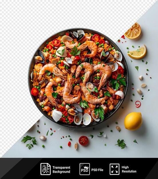 PSD maqueta aislada de una paella de mariscos con ingredientes y limones en un fondo transparente con una variedad de camarones, incluidas las variedades marrón blanco y rojo, así como limón en rodajas png psd