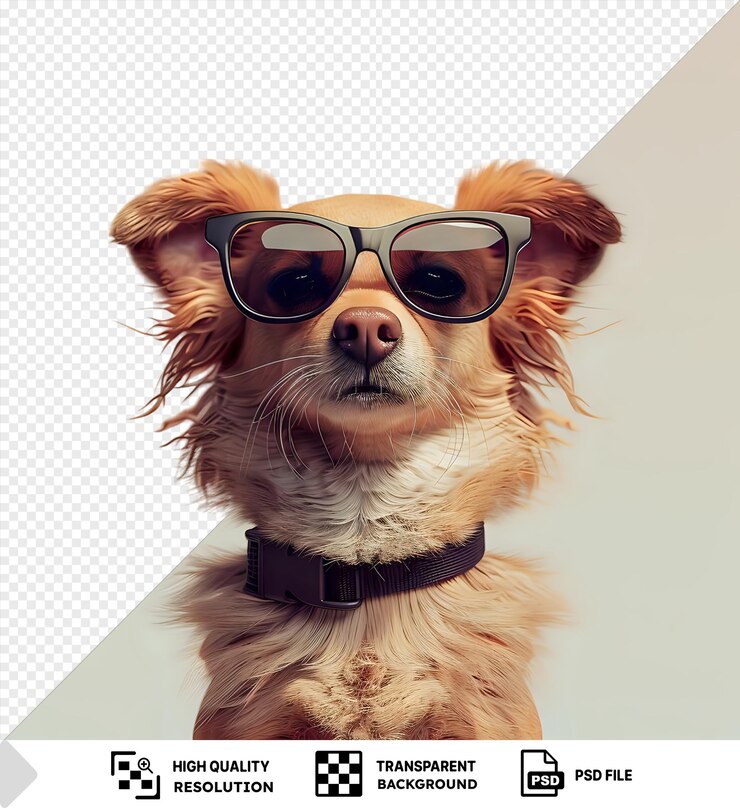 PSD maqueta aislada de un perro con gafas de sol y un collar negro con una nariz marrón boca cerrada y largos bigotes blancos png