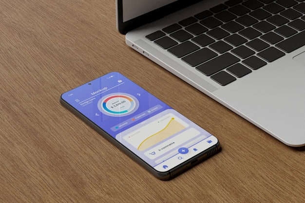 PSD maqueta de aplicación de teléfono inteligente con computadora portátil al costado