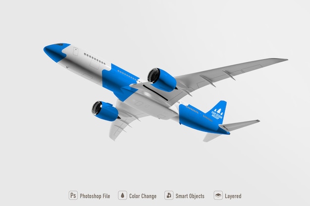 Maqueta de avión comercial sobre fondo blanco.