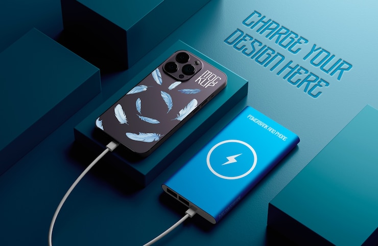 PSD maqueta de banco de energía con teléfono inteligente