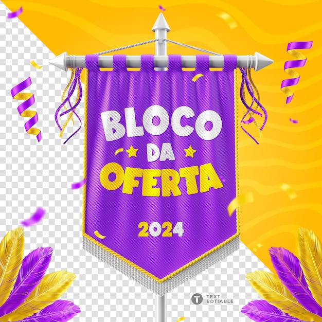 PSD maqueta de banderín editable para carnaval ofrece renderización 3d del carnaval brasil bloco da oferta