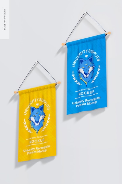 PSD maqueta de banderines rectangulares universitarios vista de ángulo bajo