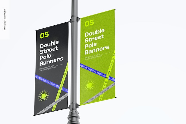 Maqueta de banner de poste de calle doble Vista de ángulo bajo