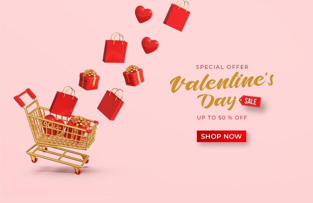 PSD maqueta de banner de venta de feliz día de san valentín con composición creativa romántica 3d